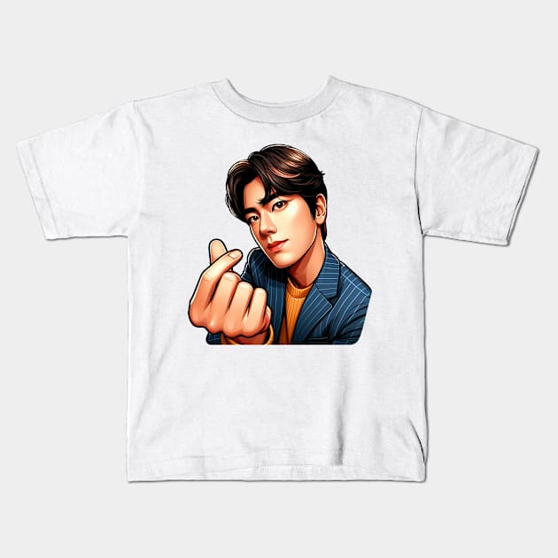 Cool Guy Korean Finger Hearts Kpop Kids T-Shirt by Plushism